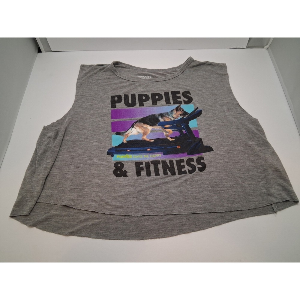 Puppies Make Me Happy Women's Crop Tank Top Gray Fitness Graphic Size S